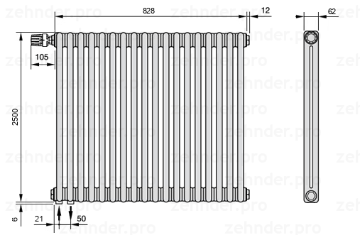 Схема (чертеж) Радиатор Zehnder Charleston 2250/18 №V001 Белый глянцевый RAL 9016
